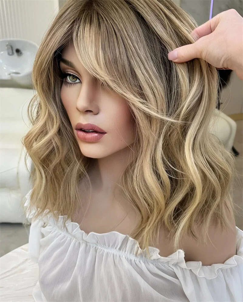 Ombre Ash Blonde Bob Lace Short Straight Middle Part Front Wig Heat Resistant Synthetic Hair Daily