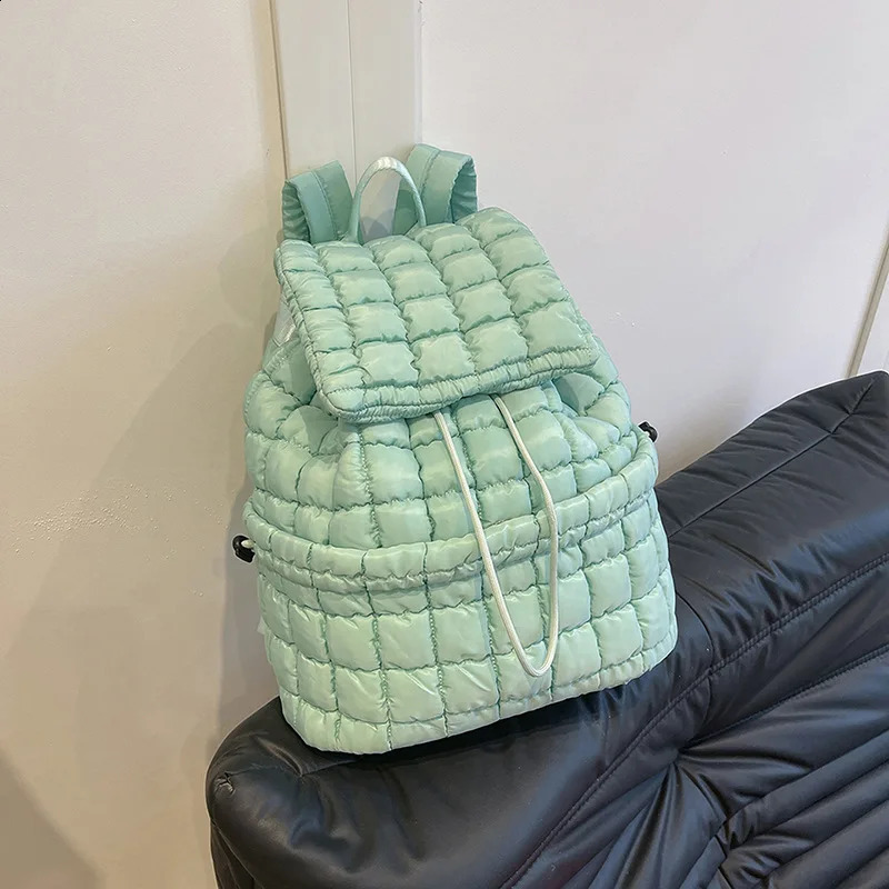 Korean Style Simple Trendy Lightweight Down Puff Backpack Large Capacity Communicating Fluffy Checked 240912