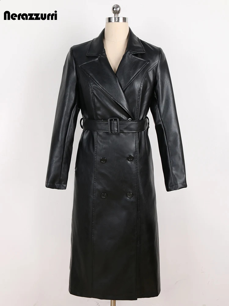 Sapphire Spring Autumn High Quality Elegant y Fitted Black Pu Leather Trench Coat Womens Double Chest 240906