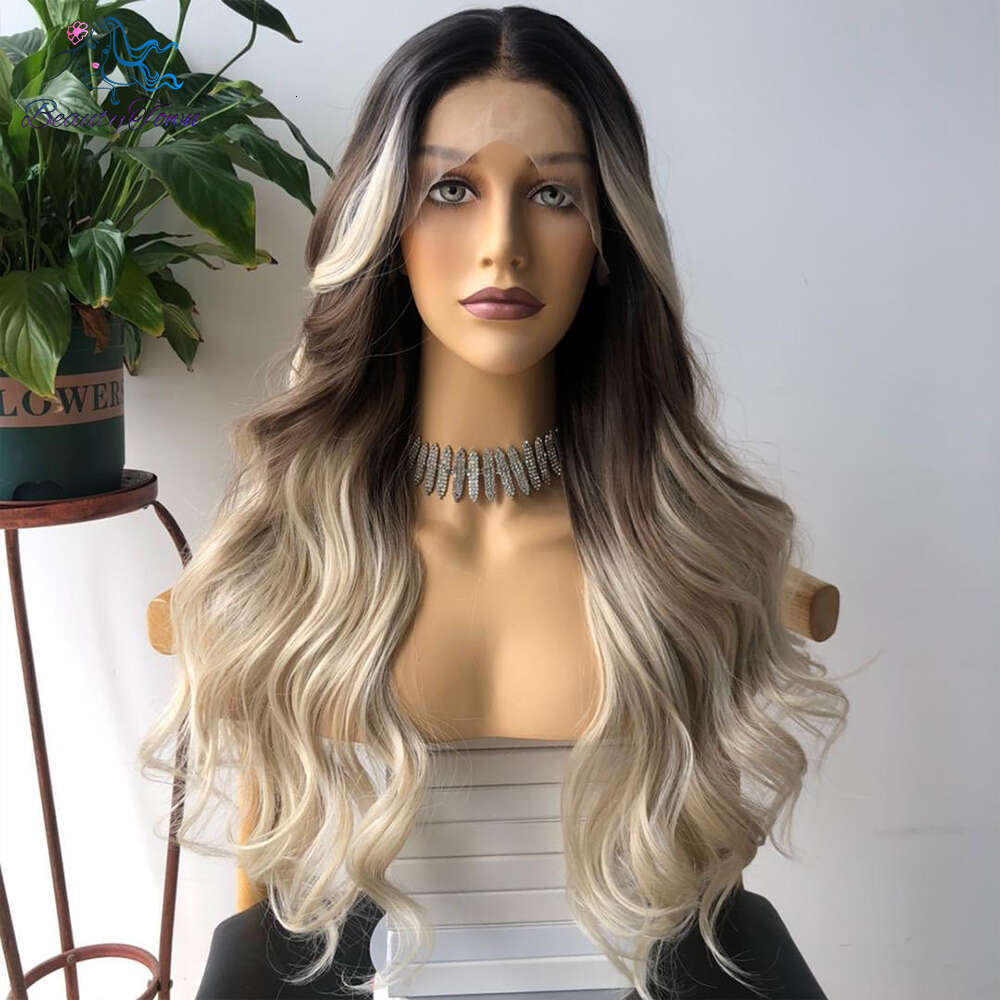 Grey 13X3 Synthetic Lace Front Ombre Brown Blonde Body Wave Wigs For Women Heat Resistant Cosplay Daily Use Wig 180%