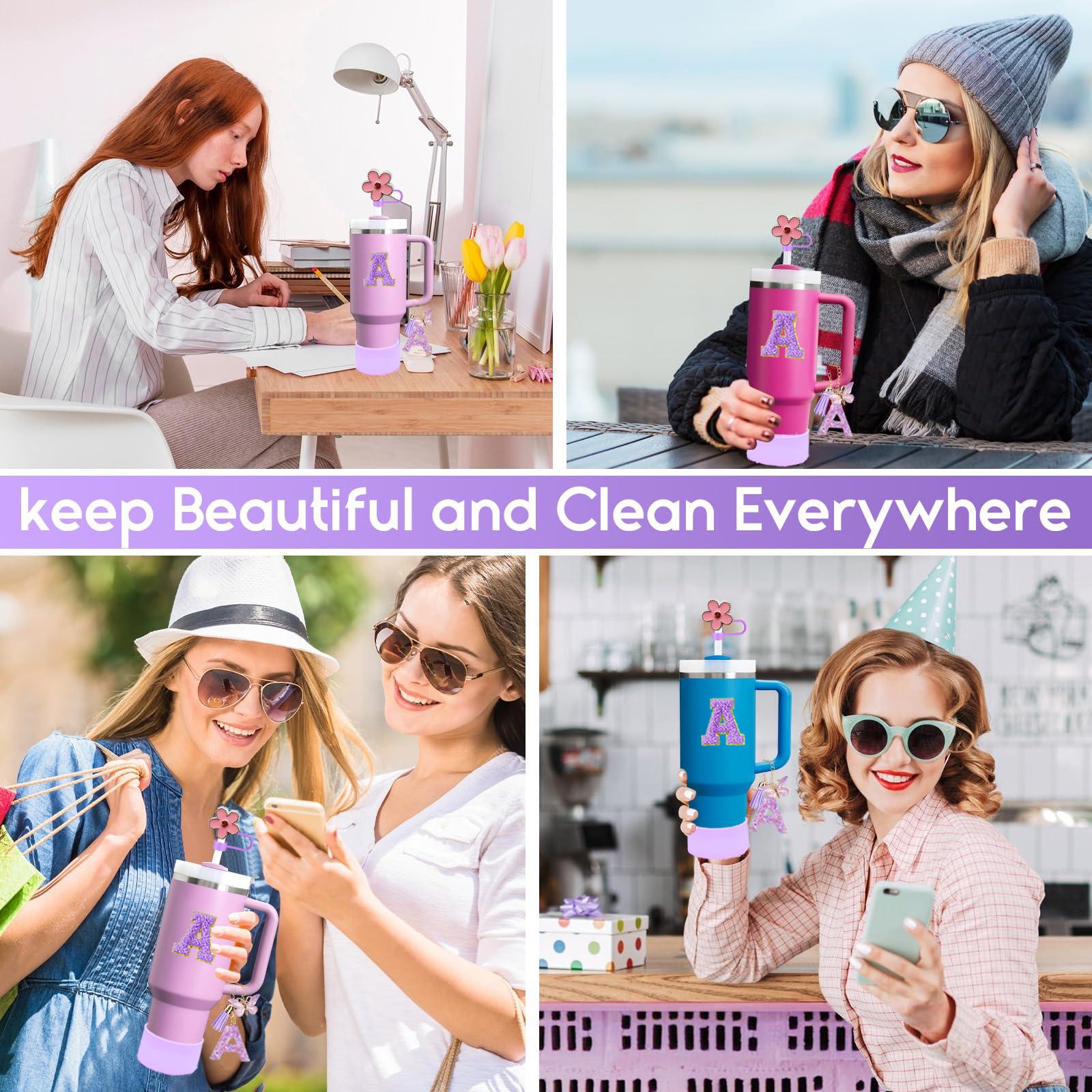 Handle 6 Pcs Purple Cup Accessories Silicone Straw Cover Cap Sticker For Decorations Initial Letter Charm Boot Spill Proof Stopper Dr Otv