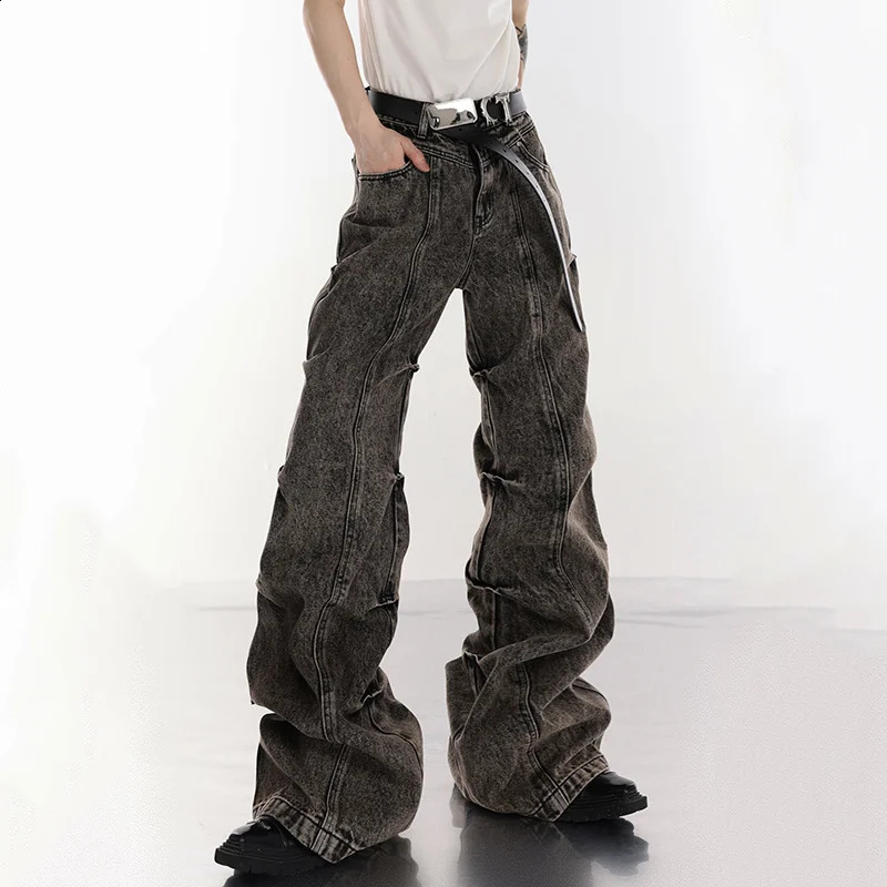 NOYMEI Male Y2k Wide Leg Jean Pleated Vintage Fashion Mens Micro Flared Denim Pants High Street Trousers Stack WA3351 240912