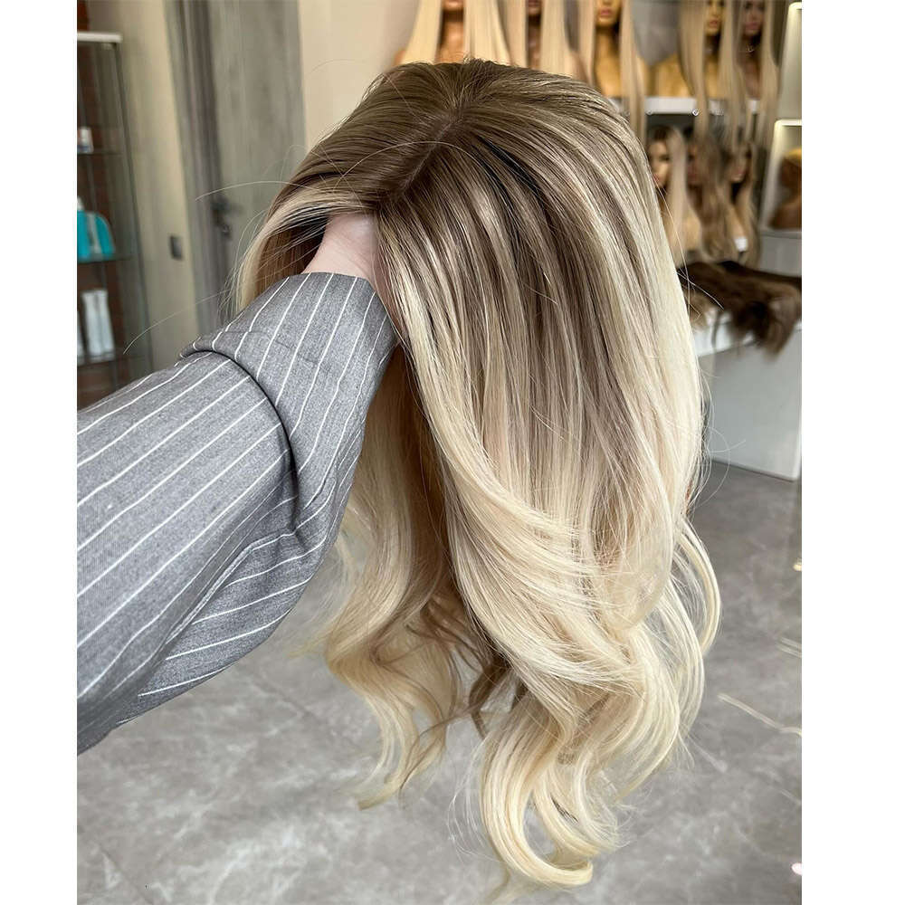 Ombre Lace Front Wigs Short Wave Colored Synthetic For Women 16Inch Dark Roots Ash Blonde 613 Cosplay Glueless Wig