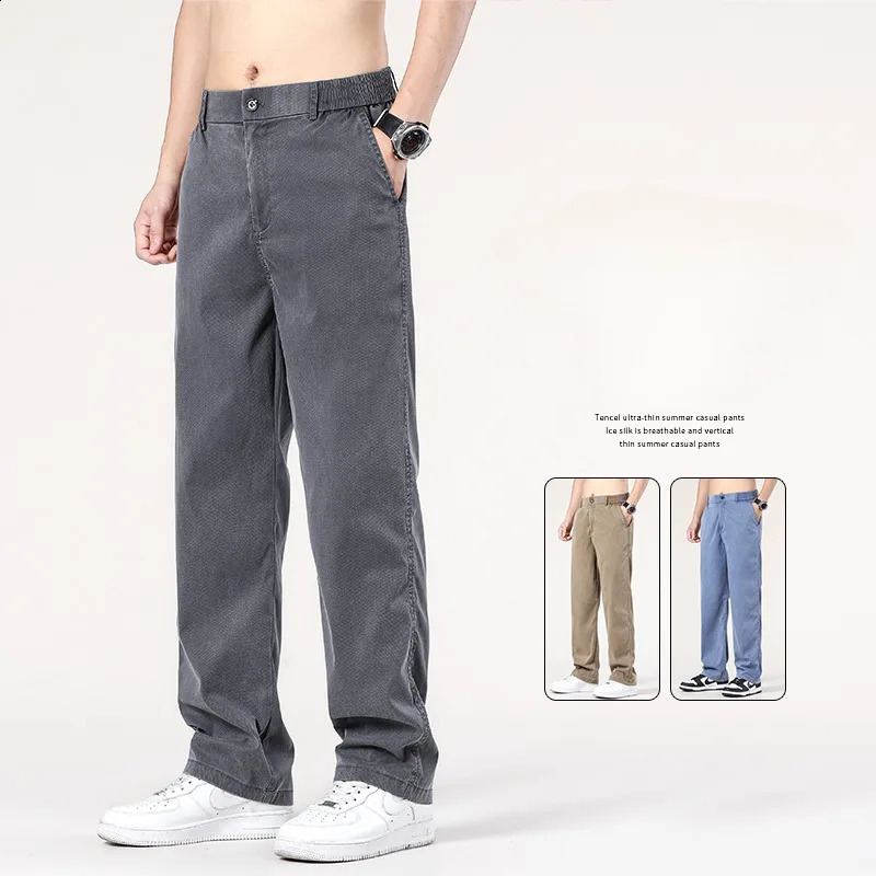 Summer Baggy Jeans Mens Classic Thin Lyocell Fabric High Quality Straight Casual Pants Soft Denim Trousers Coffee Blue Gray 240906