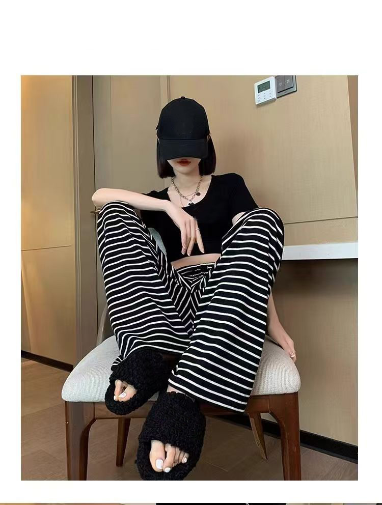 White striped wide-leg pants women's summer 2024 new high waist drape loose straight narrow version sports casual pants.