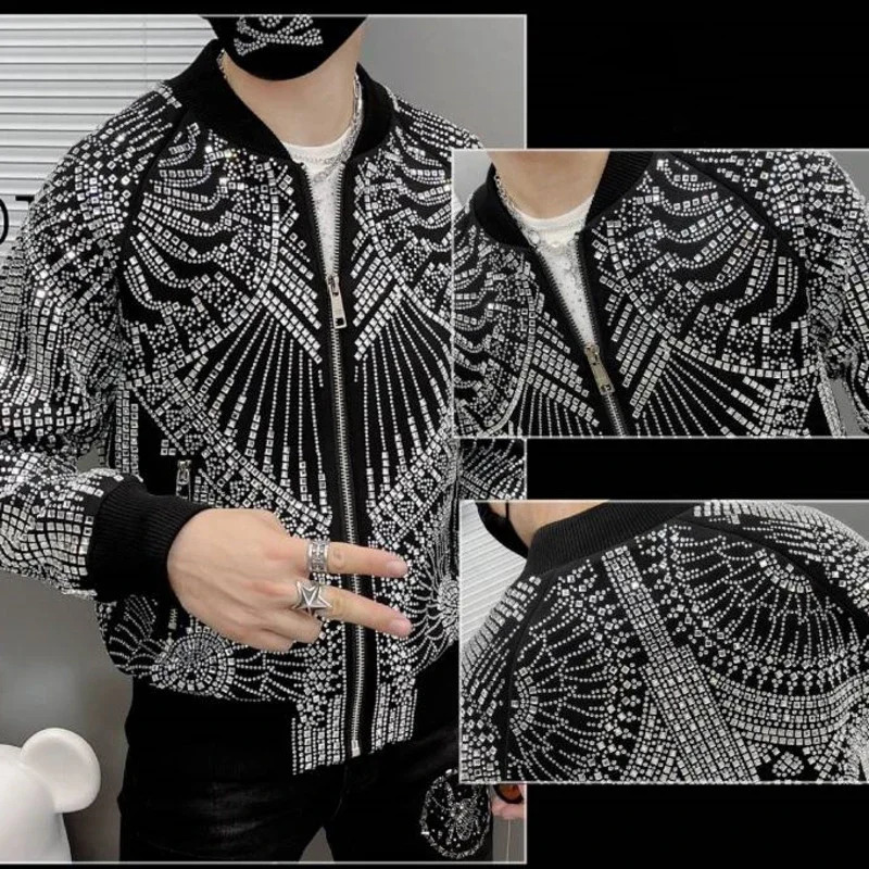 European Retro Jacket Men Jaqueta Bomber Diamond Men Jacket Coat Fashion Rhinestones Punk Club Outfit Slim Jacket 240914