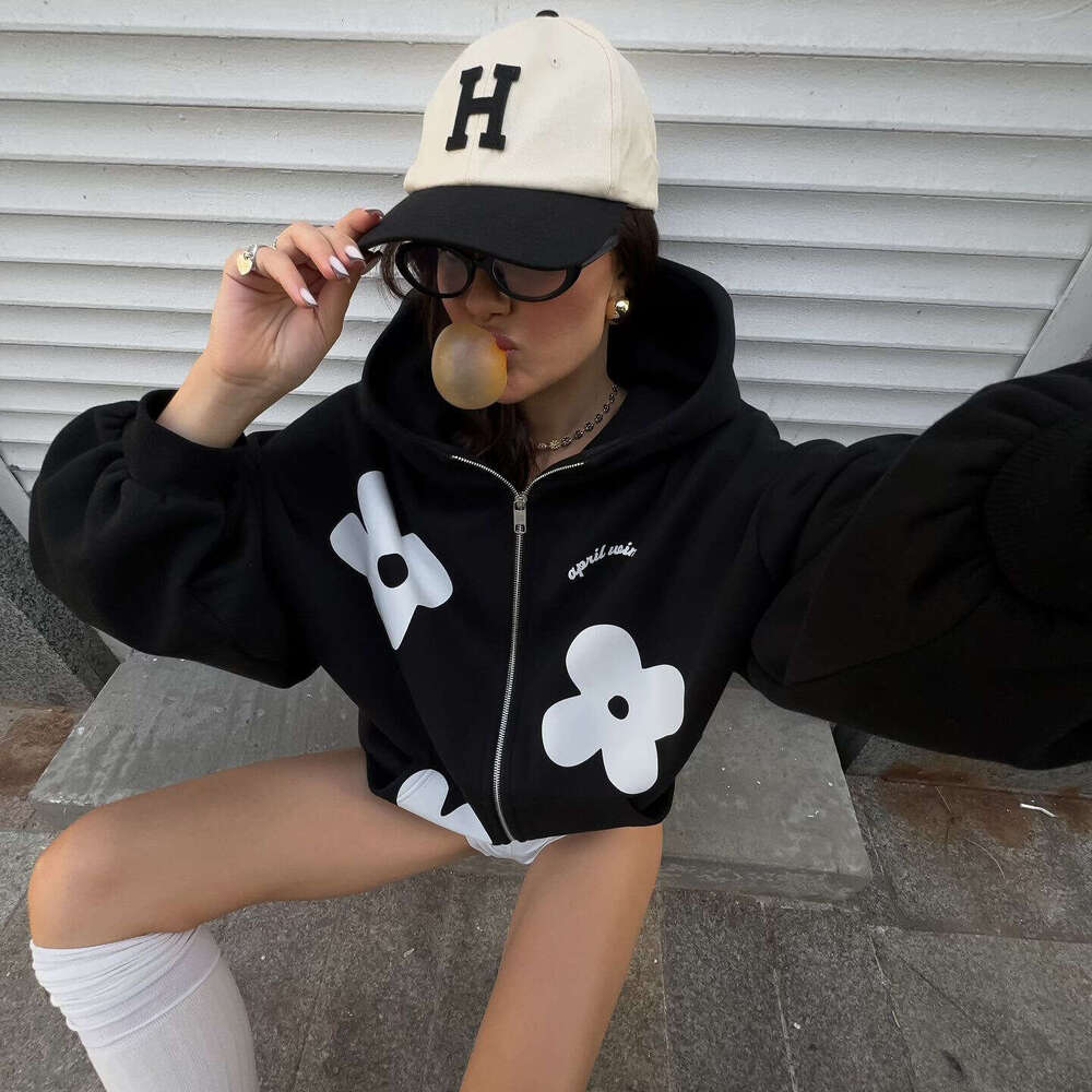 Flower print jacket autumn women's streetwear fashion trend brand loose and versatile sports hoodie for women