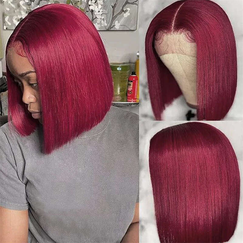 Wine Red Short Straight Bob Cosplay Use Blunt Cut Wigs With Bangs Synthetic Wig Hine Made Hair For Women Heat Resistant