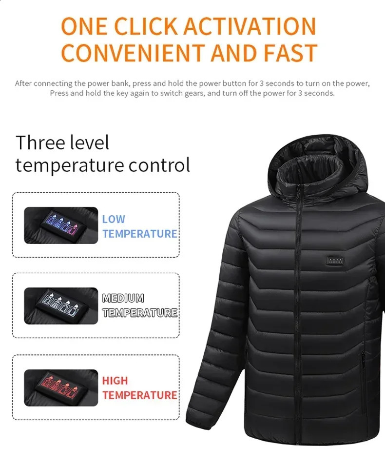 2521areas Heated Jacket Men Women Winter Usb Electric Heating Parka Smart Heating Clothes Snow Waterproof Down Cotton Coats 240914