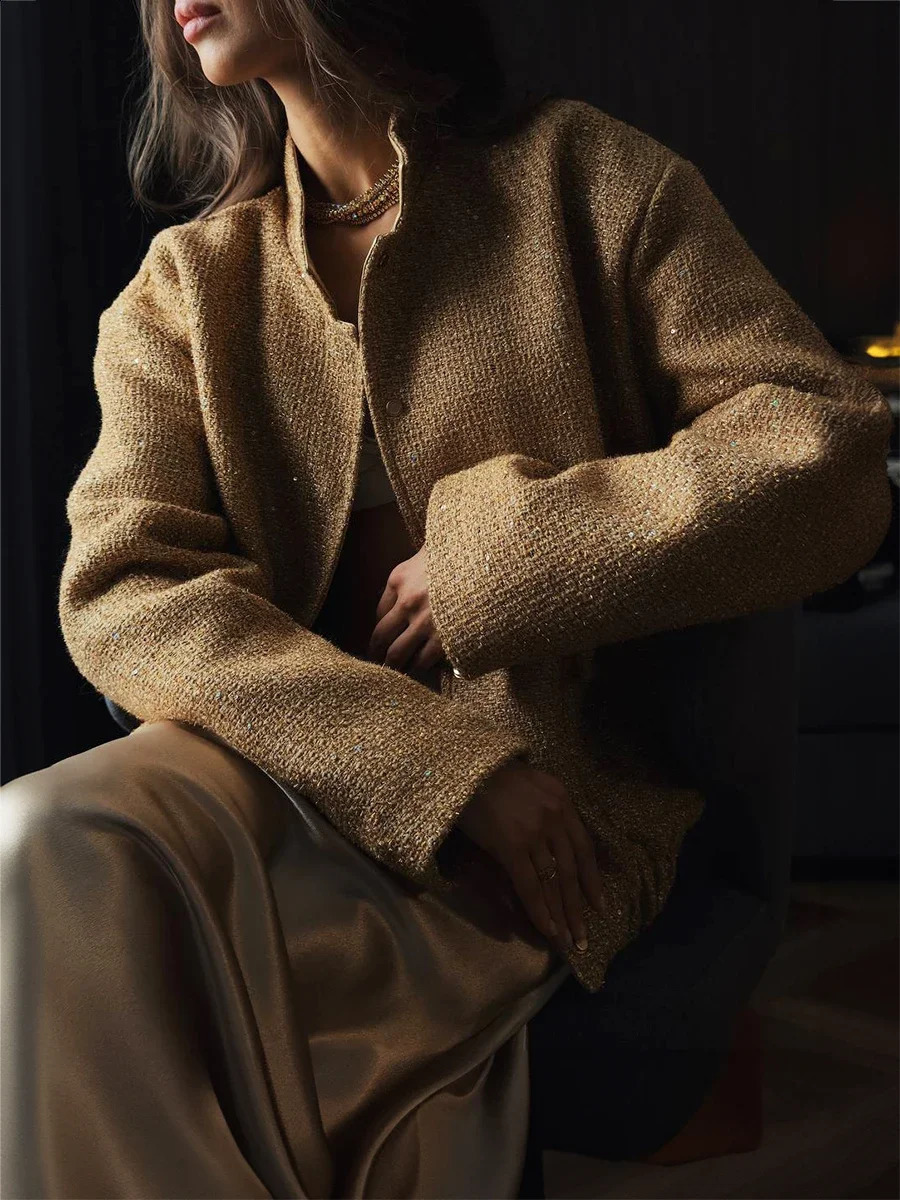 Bornladies Loose Tweed Sequin Jacket Women Fashion Coat Trend Versatile Warm Chic Elegant Female Coats Stylish Woman Clothes 240911
