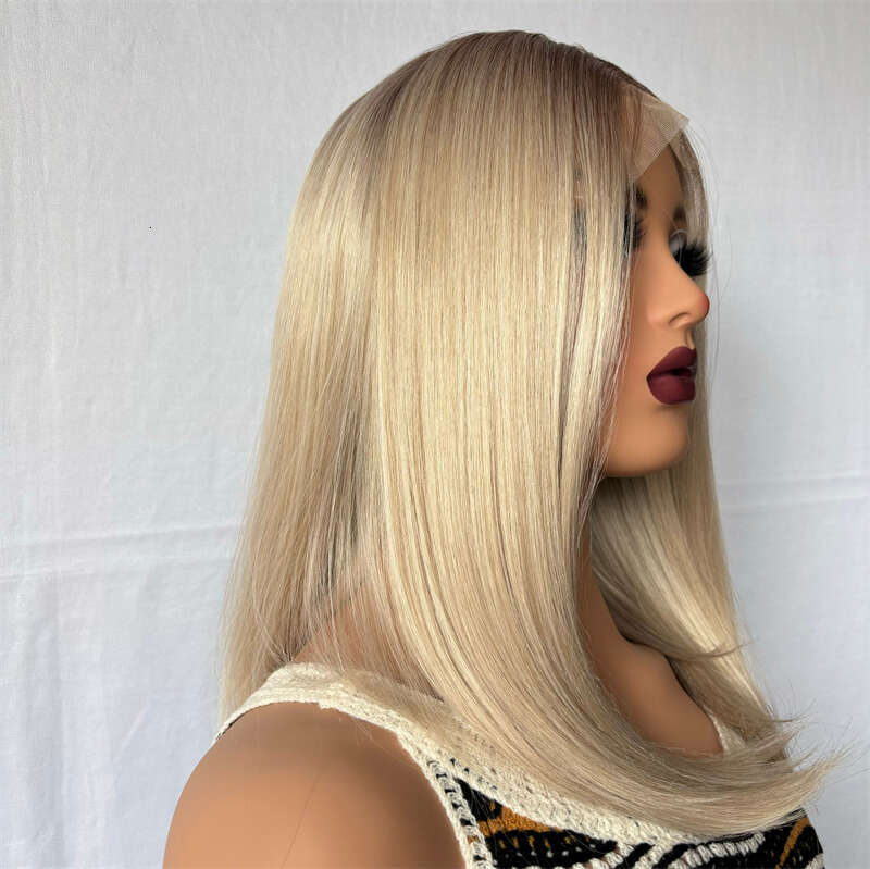 Fashion Ash Blonde Highlight Color Short Straight Bob Front Wigs For Women Long Synthetic Hair Dark Roots 13X4 Lace Frontal Wig