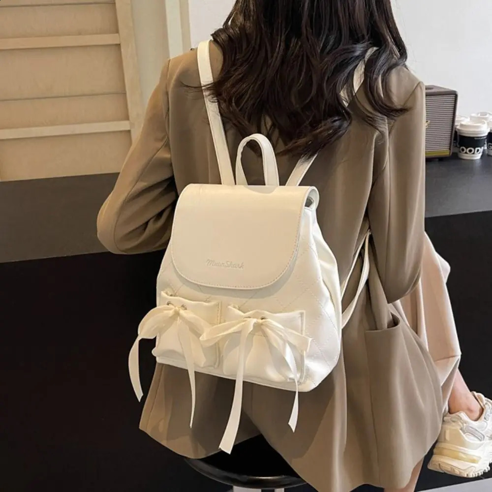 Korean style bow backpack ballet style large capacity nylon drawstring Knapsack solid color double bow Y2k backpack 240912
