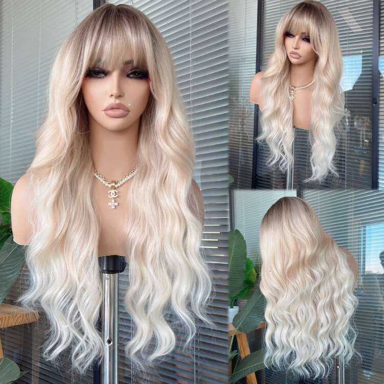 613 Synthetic None Lace Wave With Bangs For Women Blonde Color Full Hine Made Daily Use Cosplay Wig