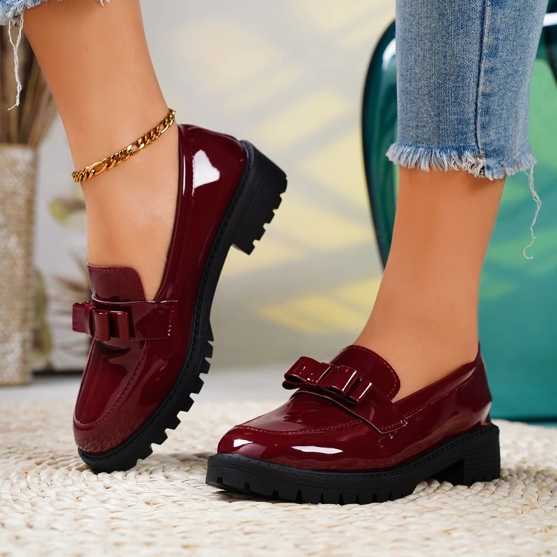 2024 Womens Summer Fashion Round Toe Retro Solid Color Loafers PU Leather Daily Leisure Banquet Dress High Heels 240914