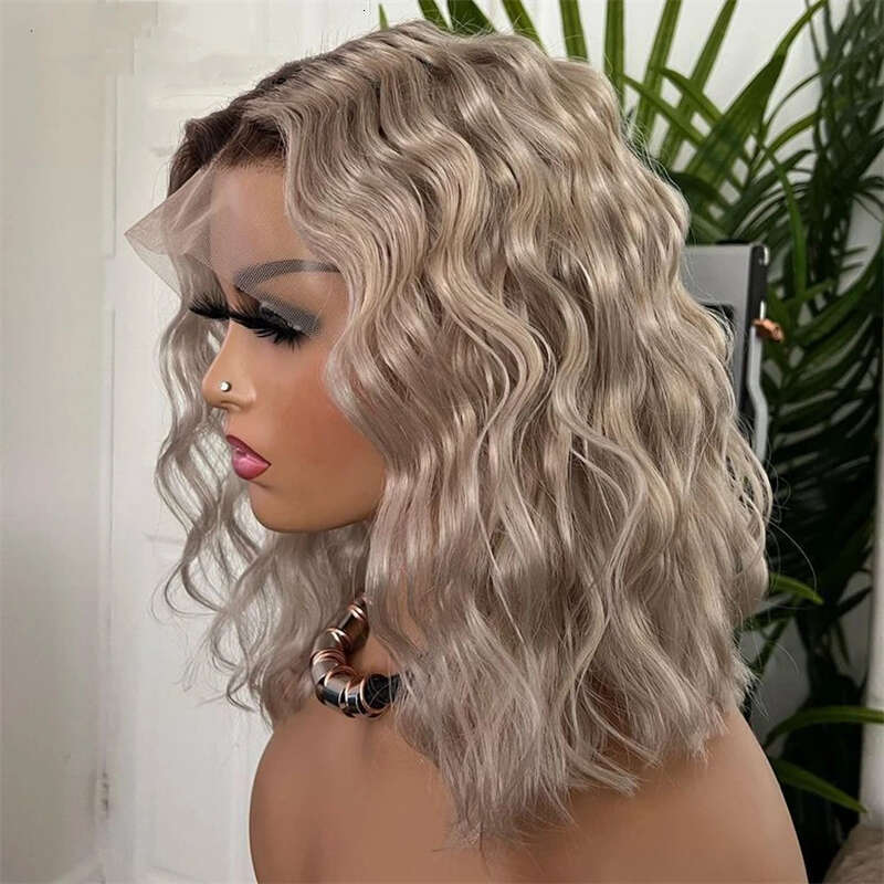 Short Grey Blonde Synthetic For Women Ombre Platinum Bob Cosplay Lolita Wavy Wig High Temperature Hair HD Wigs
