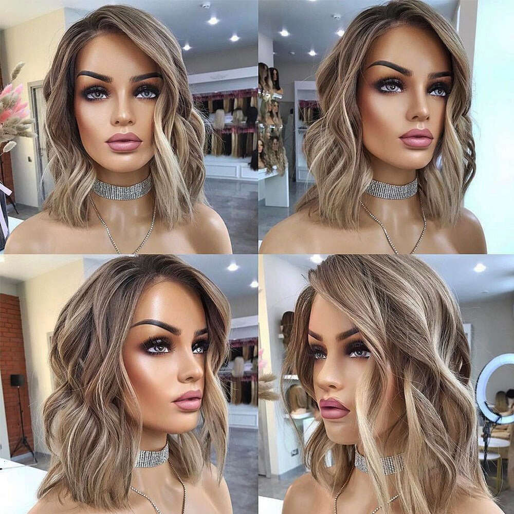 Highlight Short Bob Synthetic Lace Front Wavy Dark Roots Ash Brown For Women Daily Use Pre Plucked Curly Wig
