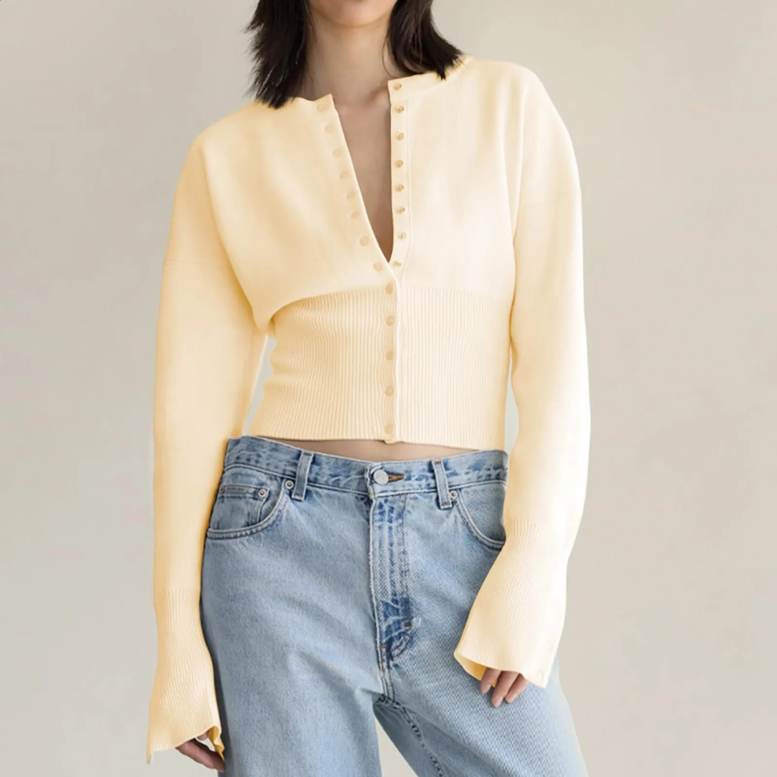 Casual Y2 K button down sweater for womens staff lightweight neck knitted cardigan wool autumn and winter jacket 240912