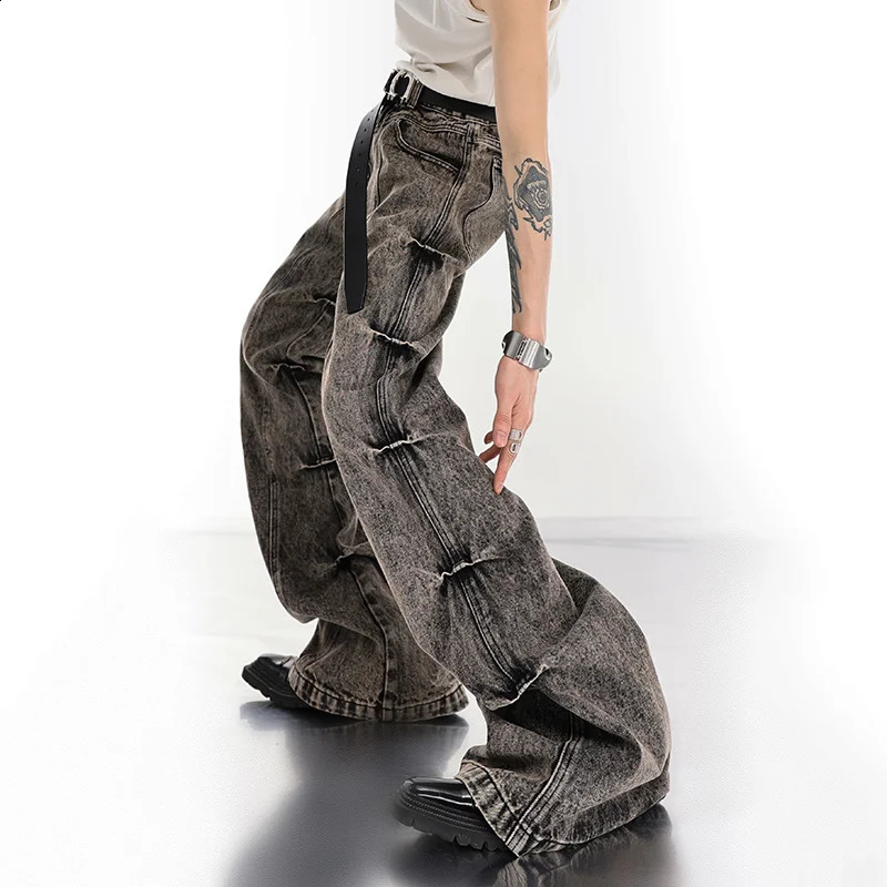 NOYMEI Male Y2k Wide Leg Jean Pleated Vintage Fashion Mens Micro Flared Denim Pants High Street Trousers Stack WA3351 240912