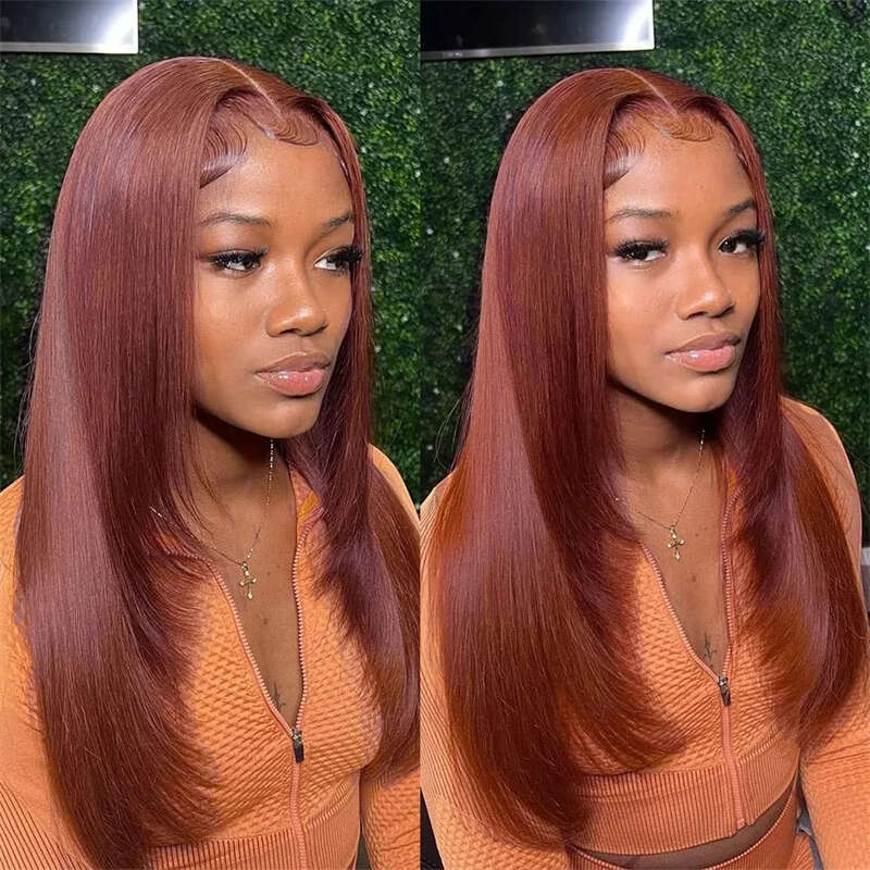Synthetic 13X4 Glueless Heat Resistant Reddish Brown Layered Cut Wig Copper Red Straight Lace Front Wigs For Women Daily