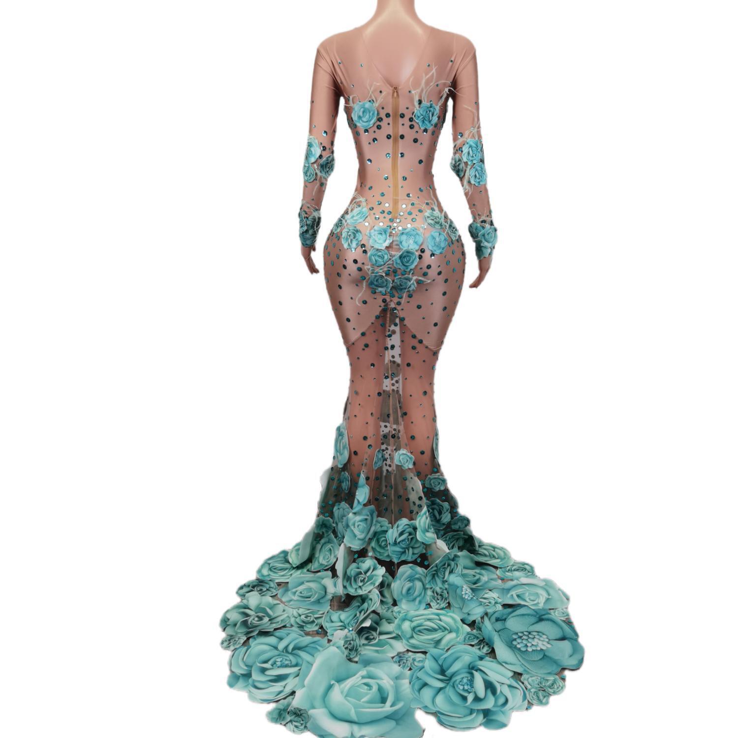 Sexy Stage Rhies Purple Long Sparkle Costume Women Prom Birthday Celebrate Party Wer Decoration Dress