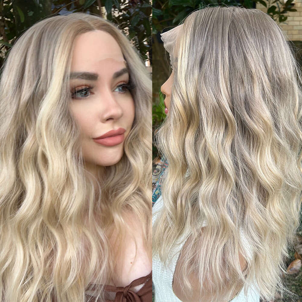 Belge Blonde Highlights Balayage Synthetic Wigs Warm Brown Roots Gorgeous Beach Waves Beautiful Heat Friendly Fibres HD Lace