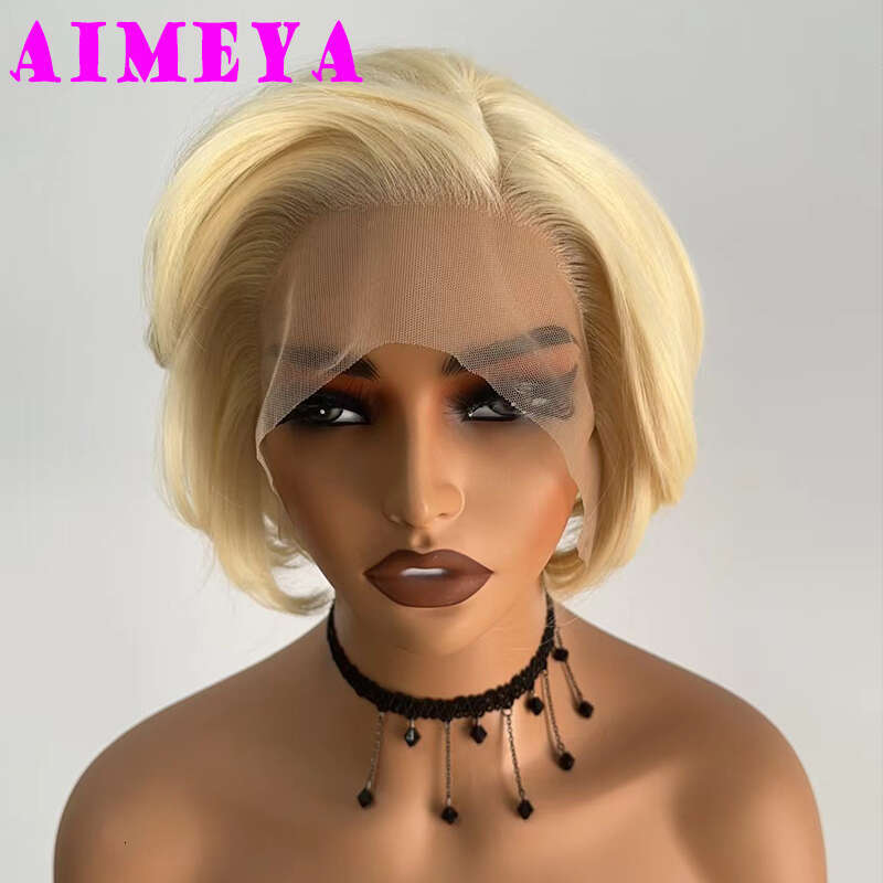 AIMEYA 613 Blonde Short Wigs Natural Looking E Cut Heat Resistant Synthetic Hair Lace Front Wig Daily Use Cosplay Party