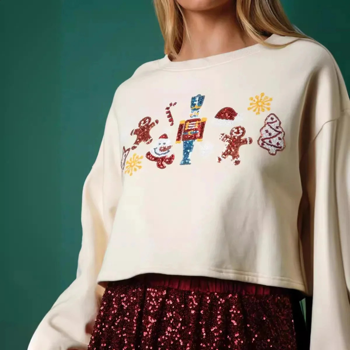Women Christmas Nutcracker Sweatshirt Pullover 2024 Year Wear Sequins Versatile Top Cartoon Soldier White Sweater For Women 240911