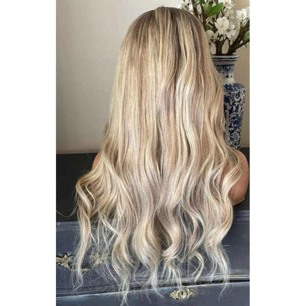 Blonde Highlights Premium Human Hair Full Wigs 13X6" HD Lace Front Glueless Pre-Plucked Ashy Roots Slight Wavy Wig 200%