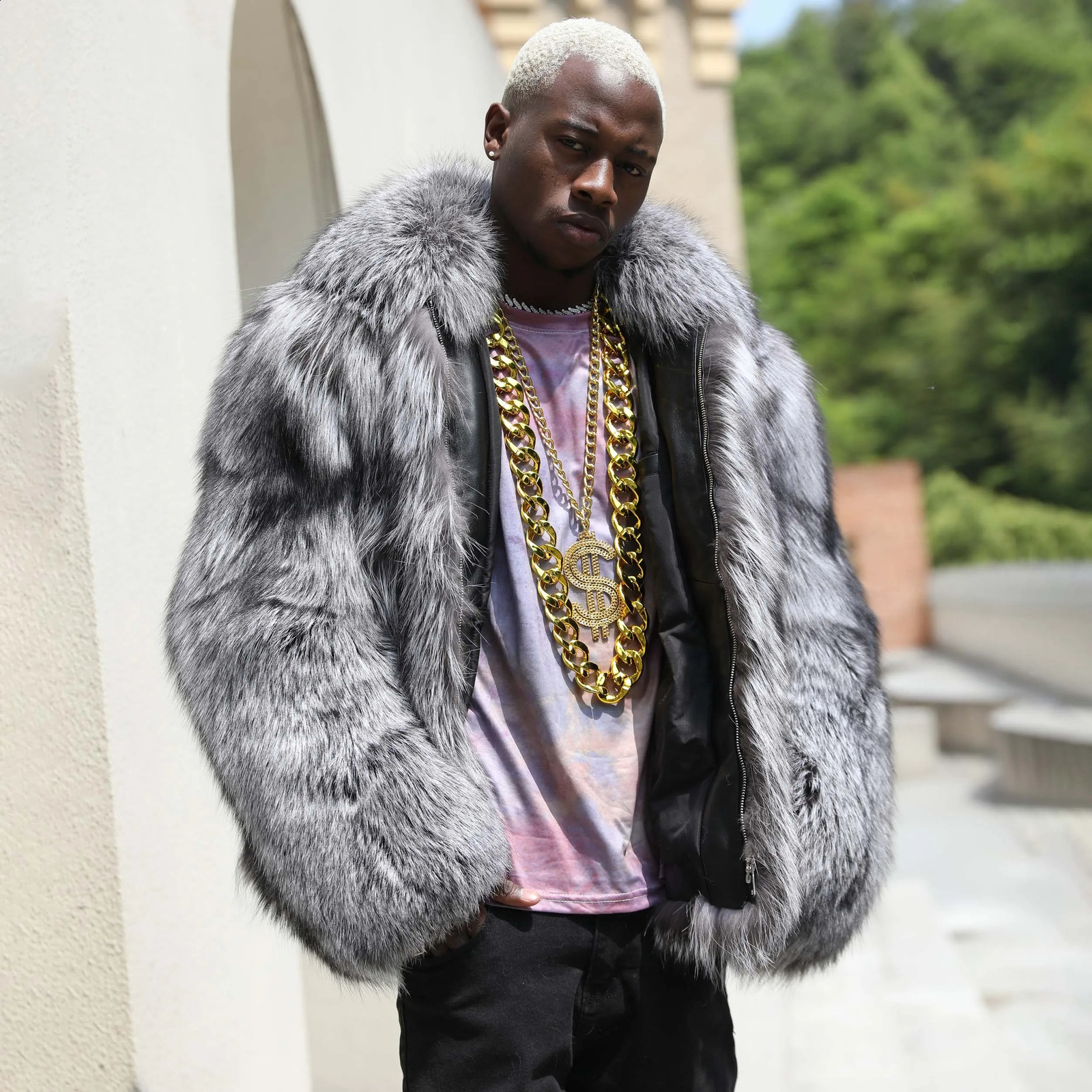 Men Winter Coat Orignal Thick Real Silver Fox Fur Over Coat Real Fox Fur Jacket 240905
