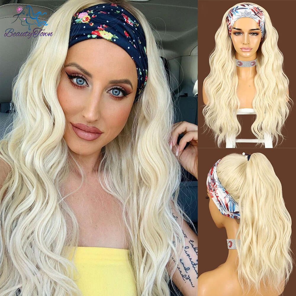 Long Blonde Wig For Women Lose Wave Wigs 26Inch Daily Wedding Party Valentine Synthetic Headband Wig With 2 Free Bands