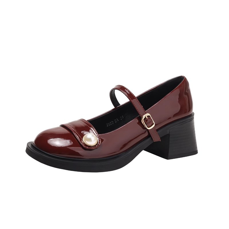 2024's New Women's Mary Janes: Soft Leather Pearl-Studded Wine Red Pumps 3bf7