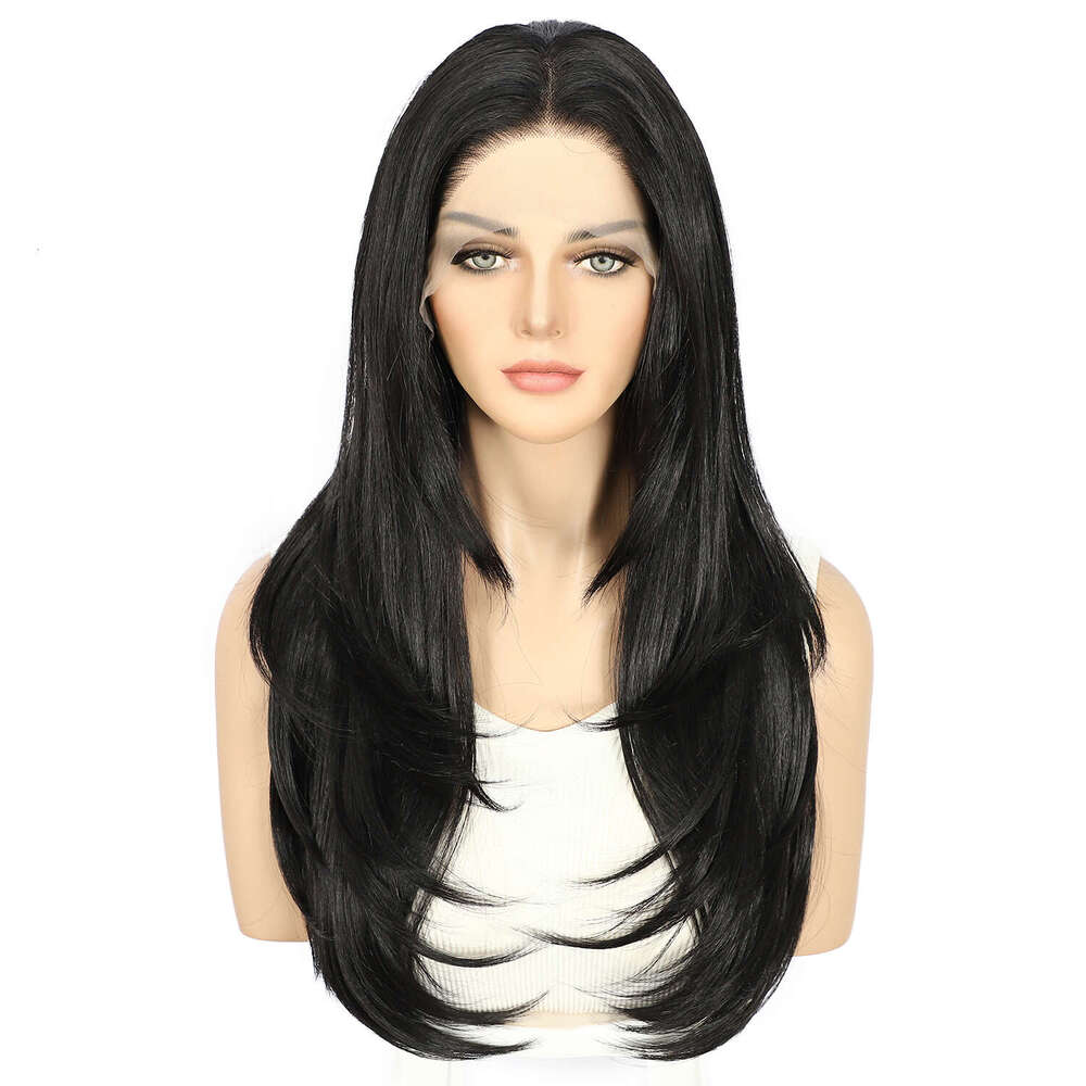 2024 New 13X3 Synthetic Lace Front 1B Black Medium Long Layered Lift Daily Wear Women Wig 25~26Inches