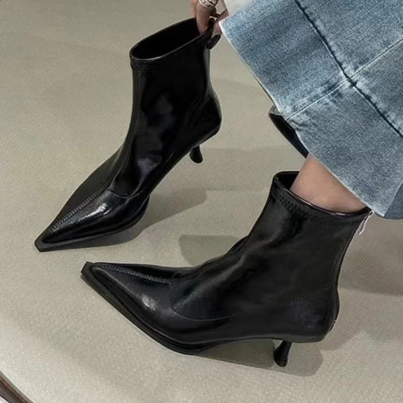 Ladies Shoes High Quality Zipper Womens Boots Autumn Pointed Toe Solid Short Barrel High Heels Versatile Fashion Boots 240911