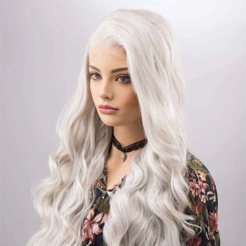 Platinum Grey Heat Resistant Fiber Side Part Body Wave Sier Hair 13X4 Synthetic Lace Front Wigs For Women