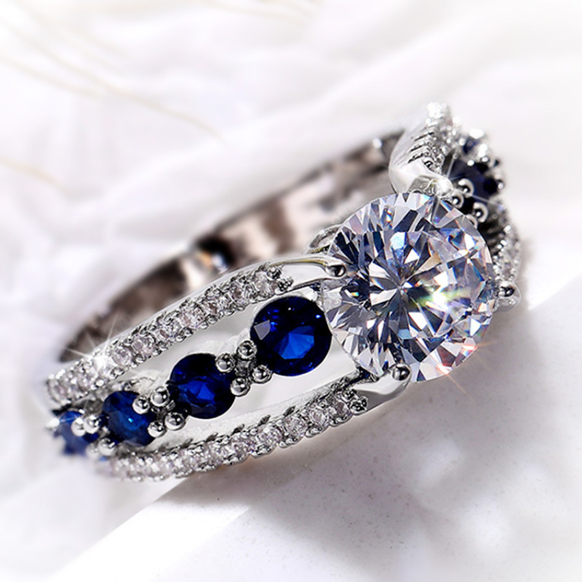 Designer Jewellery High Quality Silver Plated Zircon Inlaid Hollow Out Sapphire Crystal Ring Brass Wedding Accessories for Party Occasion Textured Ele