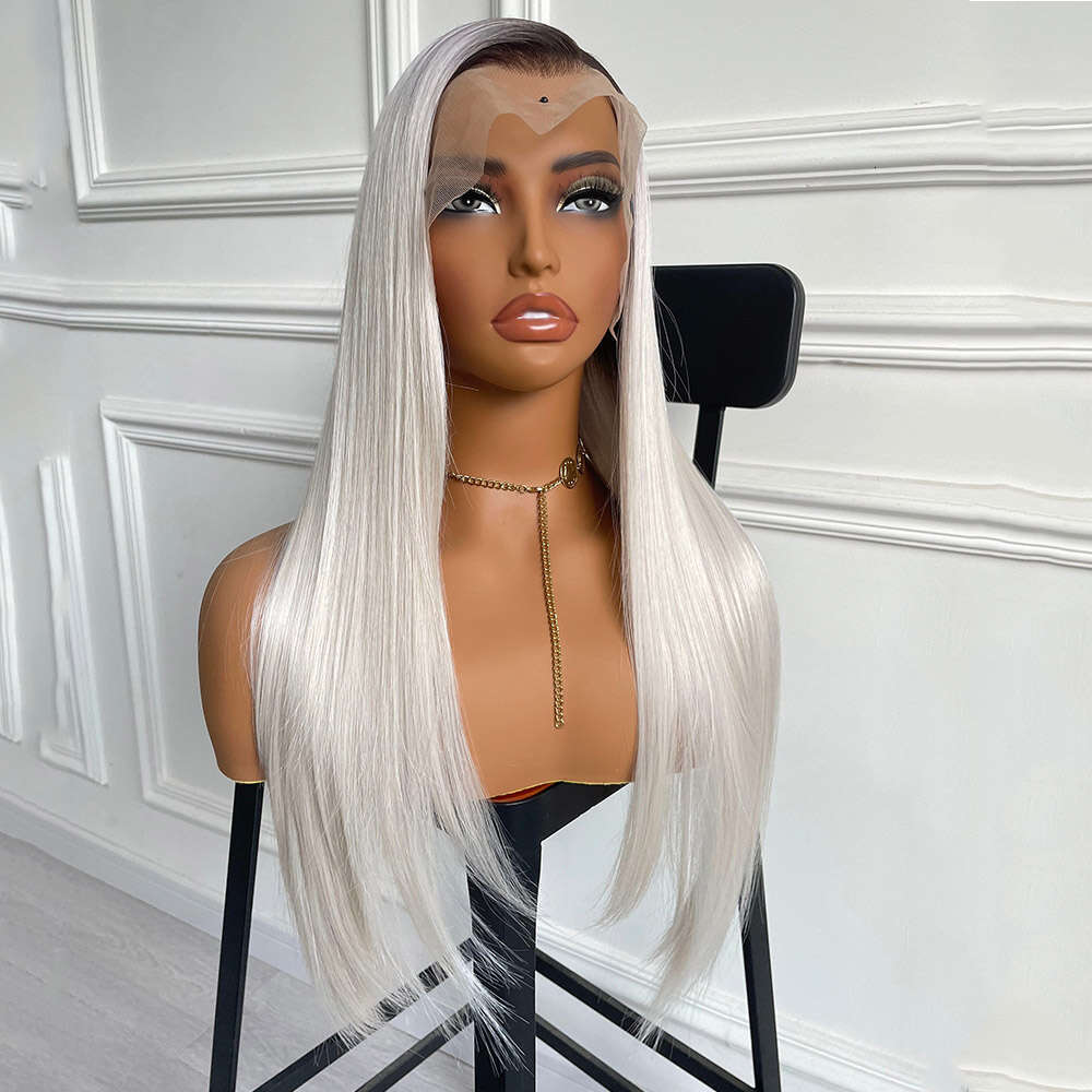 Ombre Ash Synthetic Front Wigs Silky Straight Colored Cosplay For Women Dark Roots Sier White Lace Wig