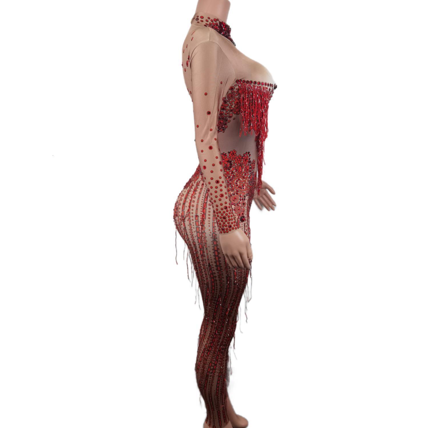 Sexy Red Spandex Bodysuit Rhinest Size Long Sleeve Jumpsuits Tassels Performance Costumes Party Evening Bodycon Romper