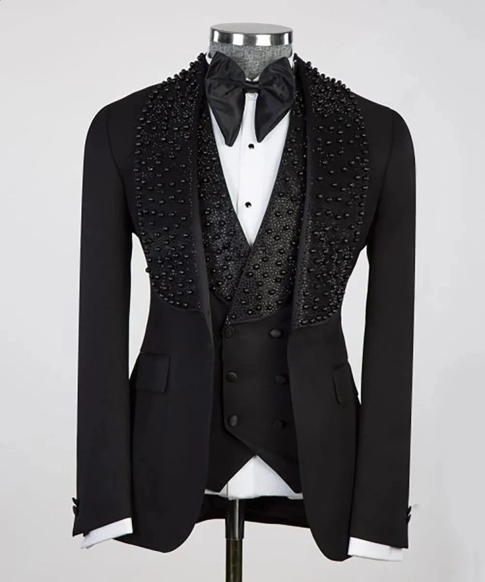 Jewelry Men Suits Ornament Tuxedos Shawl Lapel Male Prom 3 Pieces Wedding Groom Dinner Party Blazer Pants Complete 240914
