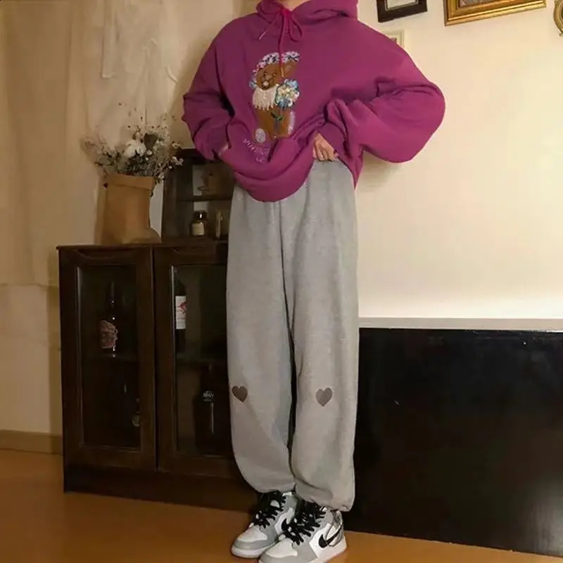 Womens autumn and winter Korean style loose solid color high waist thin wide leg womens trend fully matched wool sports pants 240913