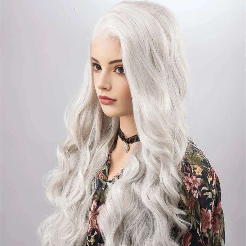 Platinum Grey Heat Resistant Fiber Side Part Body Wave Sier Hair 13X4 Synthetic Lace Front Wigs For Women