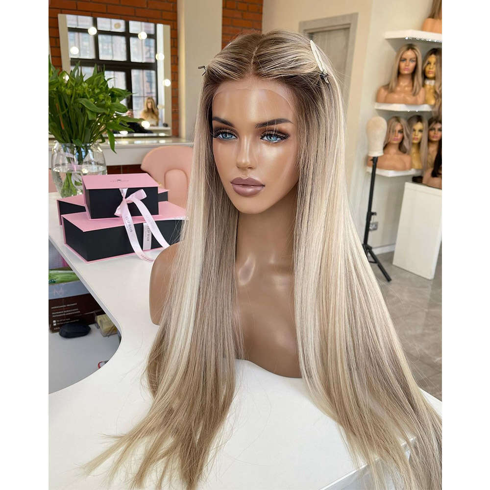 Highlight Blonde Straight Synthetic Front Wigs Ombre Dark Roots Lace For Women Cosplay 613 Colored Glueless Wig Party