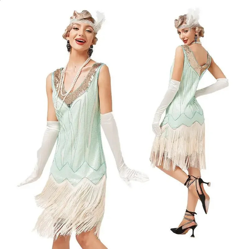 Vintage 1920s Flap Vneck Double Flow Su Dress Great Gatsby Role Playing Costume Cocktail Party Charleston Dance Glitter 240913