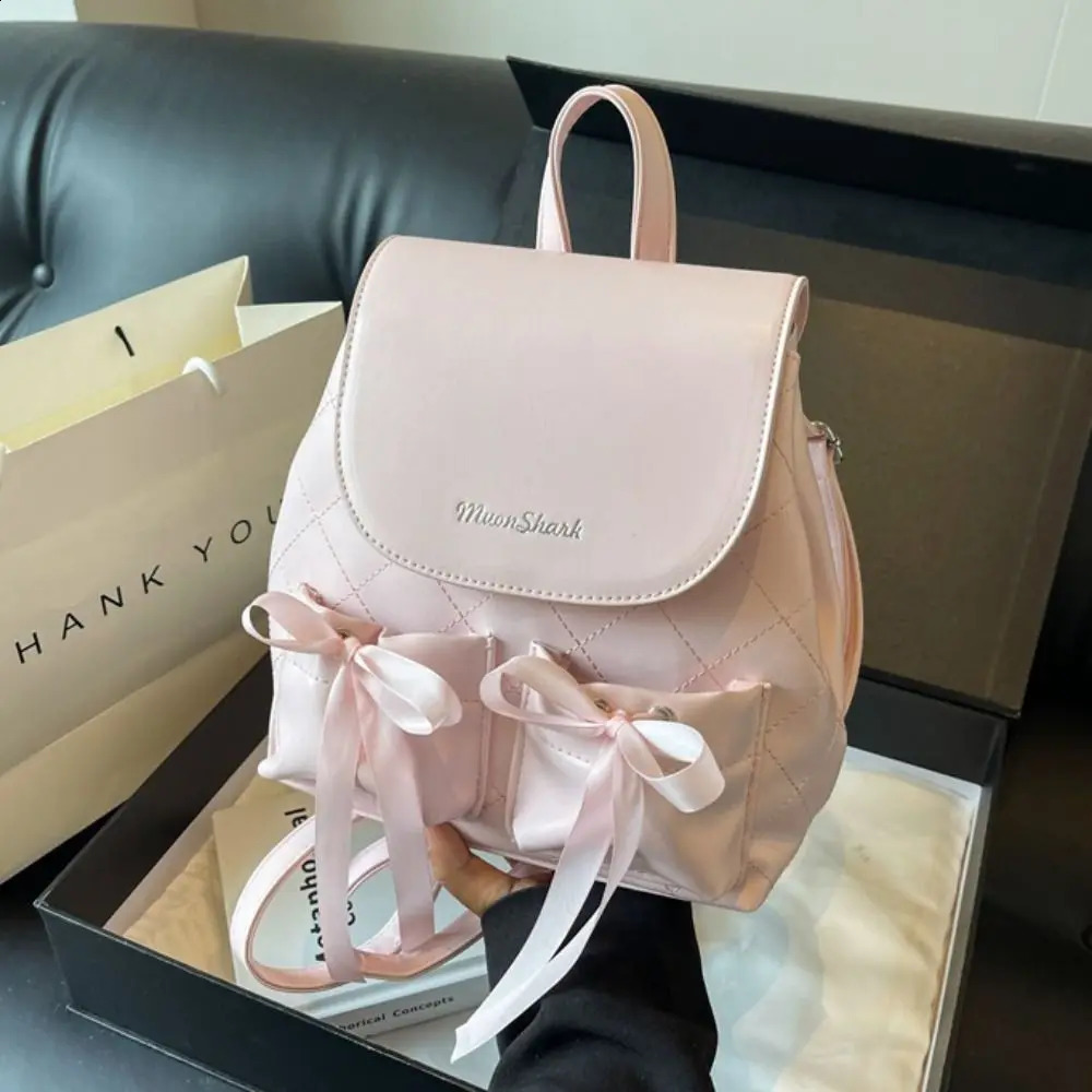 Korean style bow backpack ballet style double bow nylon handle Knapsack large capacity solid color Y2k school travel bag 240912