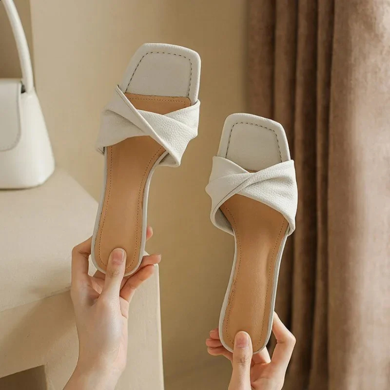 Summer Thin Heel Slippers Women Fashion Pleated Square Toe Green Orange Women Sandals Casual Elegant Ladies Dress Shoes 240914