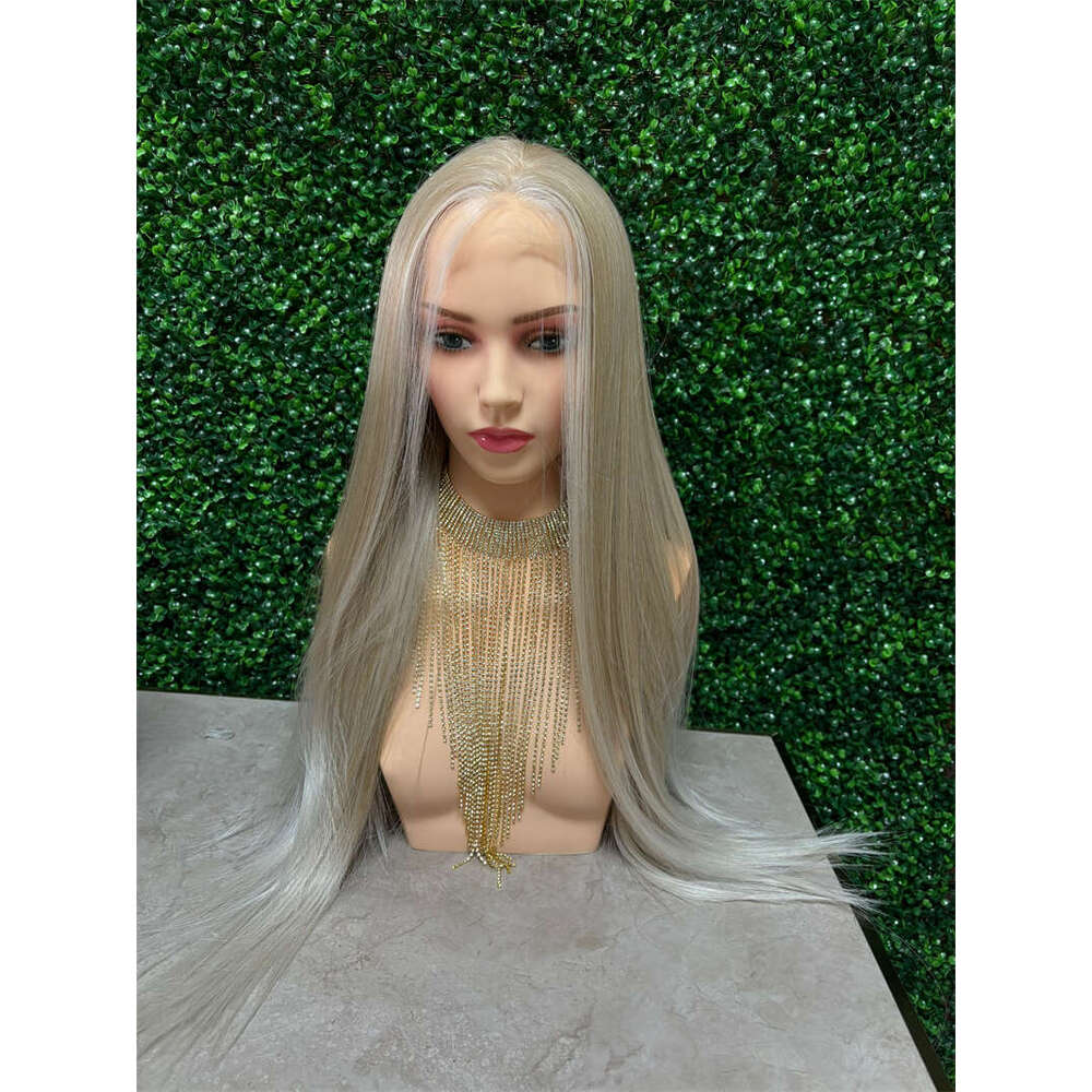 Ombre Ash Grey Straight Front Wig Natural With Dark Roots Synthetic Lace Wigs For Women Heat Resistant Fiber Hair