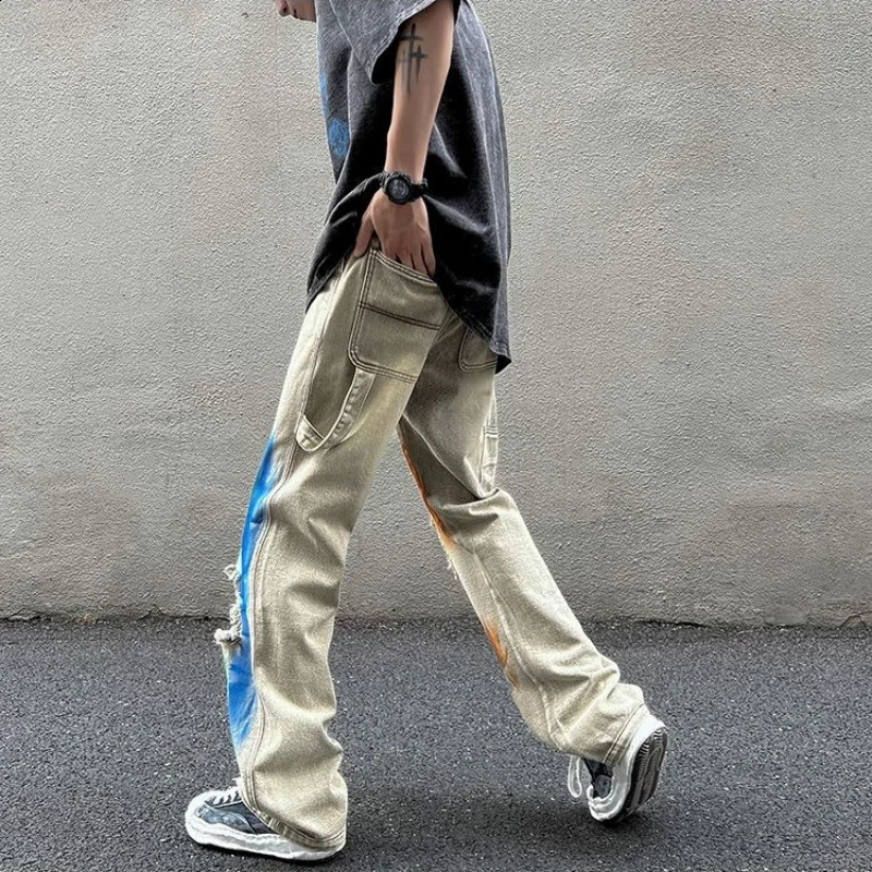 Trousers Ripped with Holes Male Cowboy Pants Wide Leg Jeans for Men Beige Hip Hop Torn Retro Tie Dye Broken Y 2k Vintage Kpop 240911
