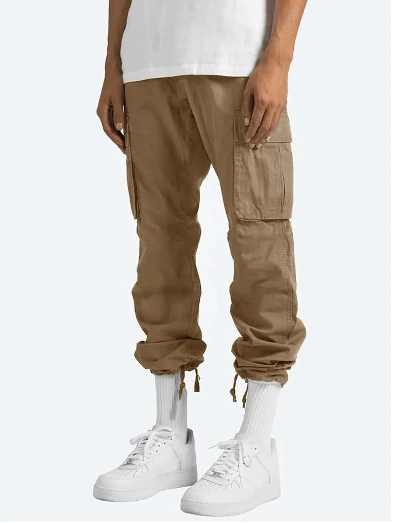 Spring and autumn mens fashion leisure cargo pants multi-pocket solid color polyester fiber pure cotton 9 minute pants 240911