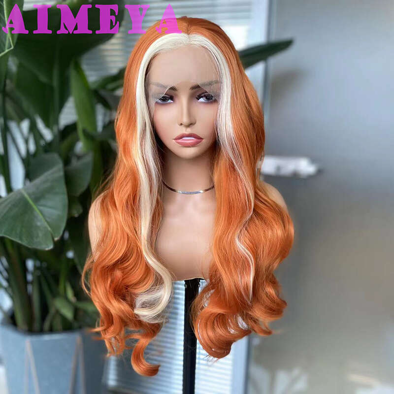 AIMEYA Orange With Blonde Highlights Front Wigs For Women Heat Resistant Hair Long Wave Synthetic Lace Wig