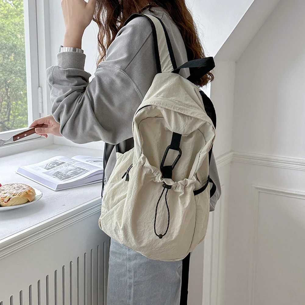 Drawstring Backpacks for Women Aesthetic Nylon Fabric Backpacks Student Womens Travel Bags Korean Style Casual Fashion 240912
