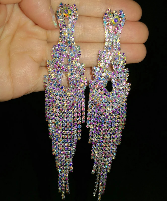 Crystal Chandelier Tassel Earrings Bohemian Rhinestone Fringe Chain Drop Dangle Earring Women Girls Valentines Day Wedding 240914